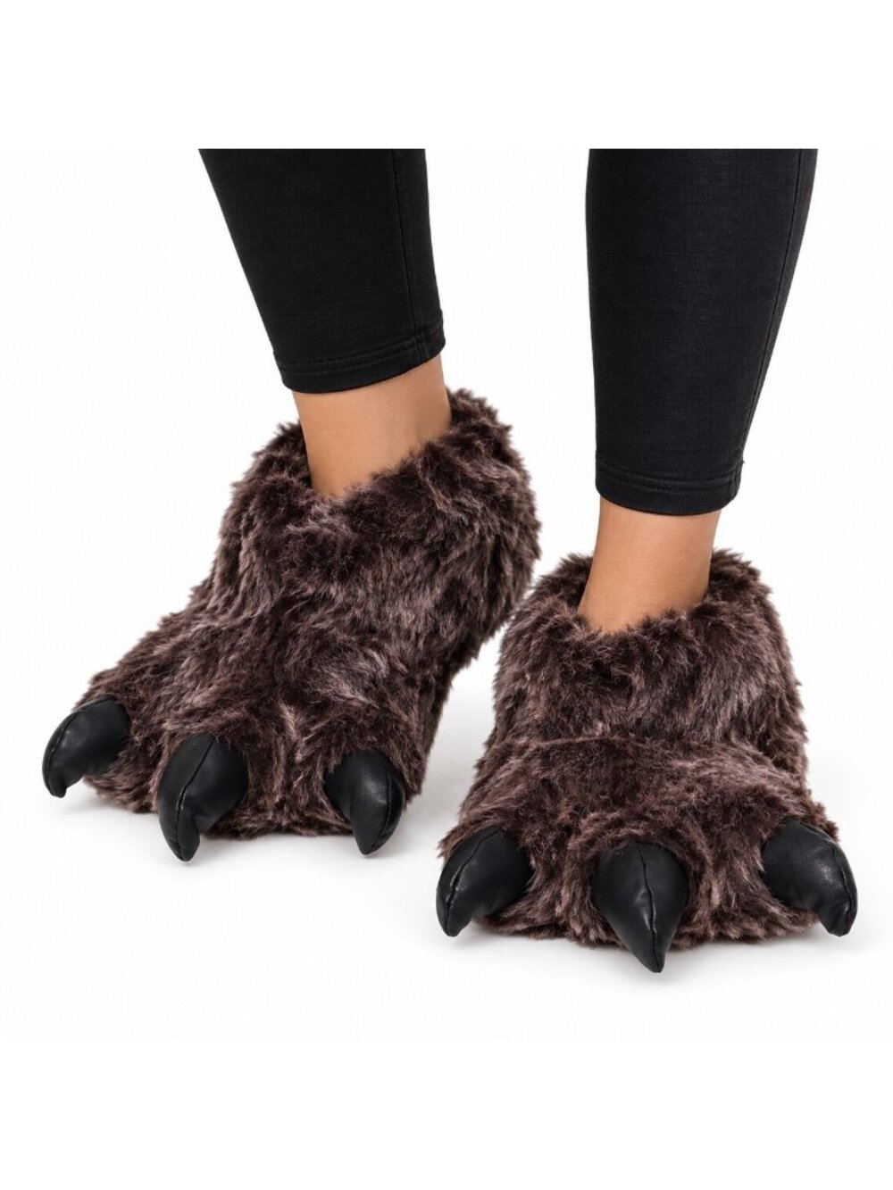 Monster Claw Paw Slippers Womens 7 Brown Shaggy Faux Fur Halloween Costume
